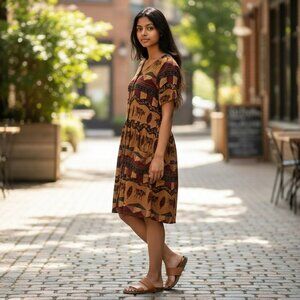 VTG Brett Alixander Womens Size 10 Brown Southwestern Boho Hippie Casual Dress